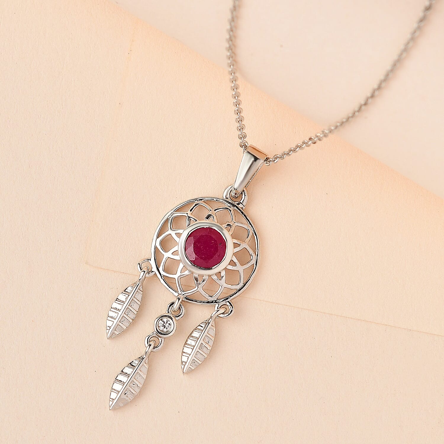 African Ruby and Natural Zircon Dream Catcher Pendant with Chain (Size 20) in Platinum Overlay Sterling Silver
