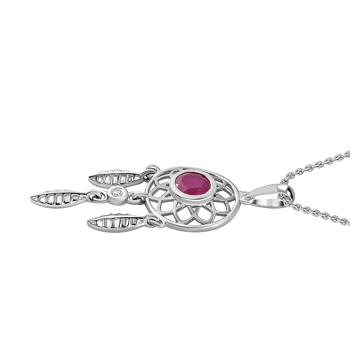 African Ruby and Natural Zircon Dream Catcher Pendant with Chain (Size 20) in Platinum Overlay Sterling Silver