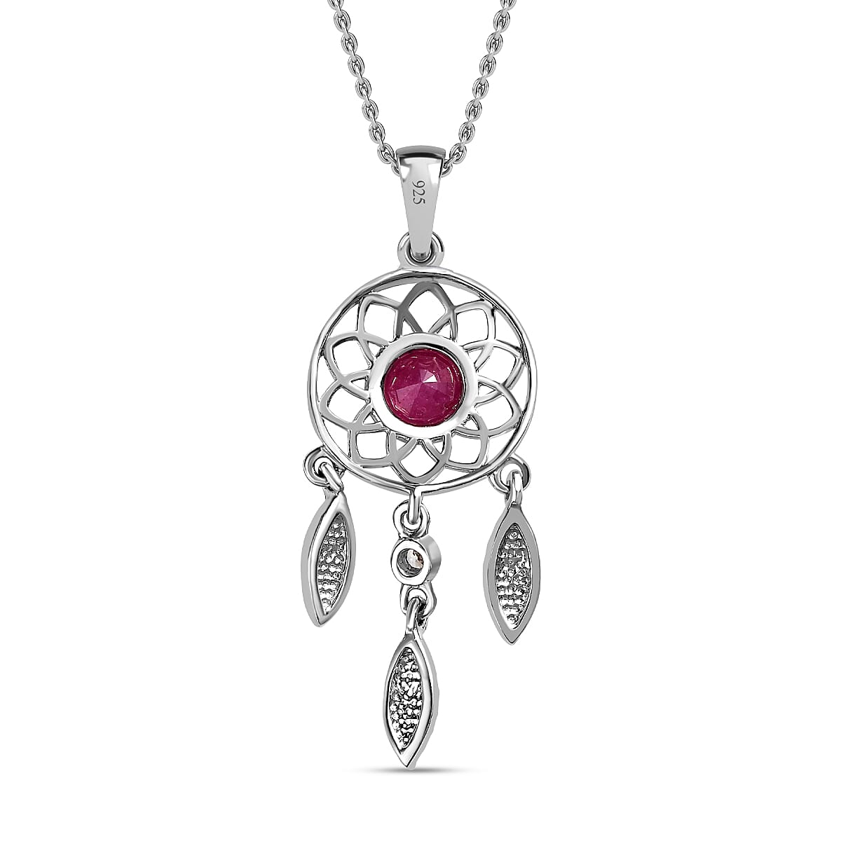 African Ruby and Natural Zircon Dream Catcher Pendant with Chain (Size 20) in Platinum Overlay Sterling Silver