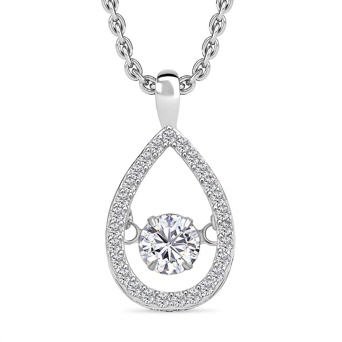 Simulated Diamond Rhodium Overlay Sterling Silver Pendant with Stainless Steel Chain (Size 20)