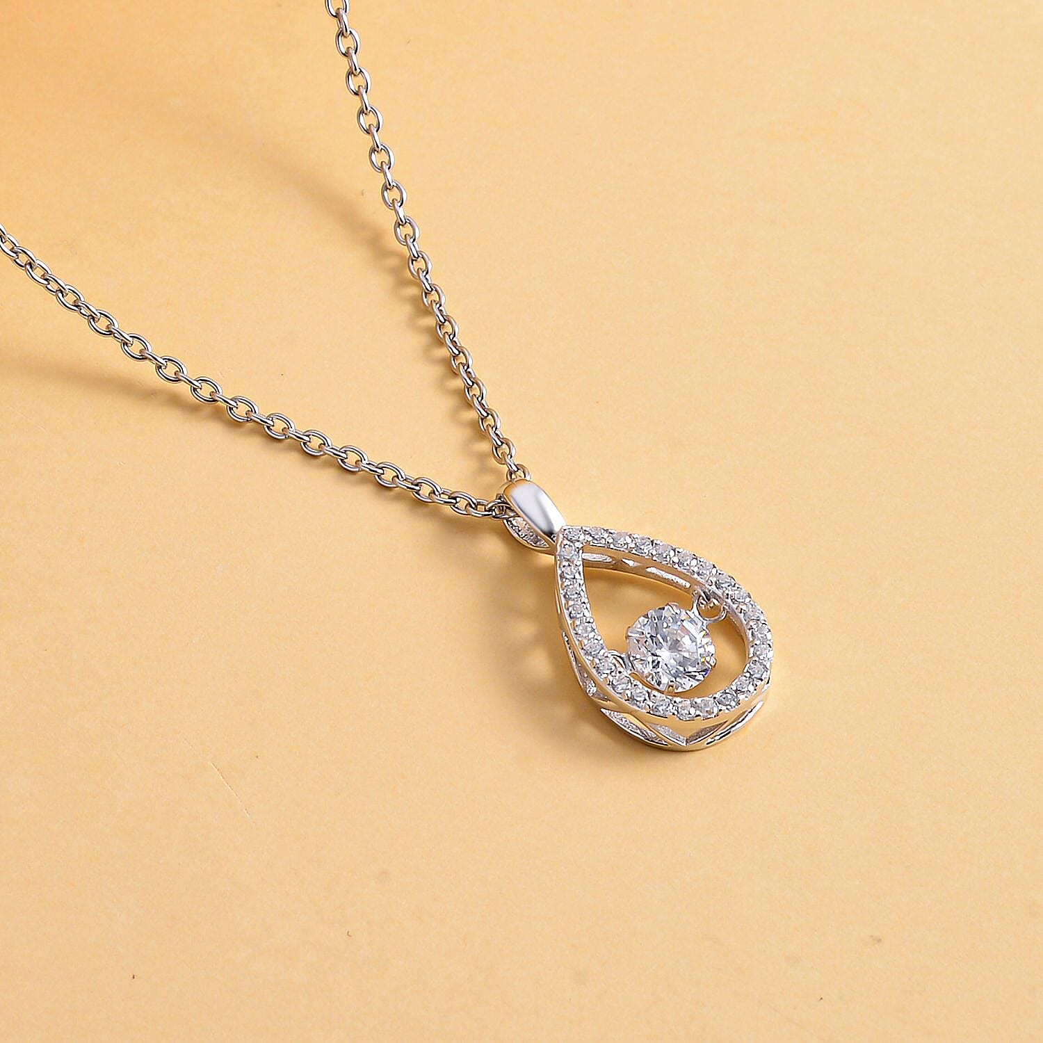 Simulated Diamond Rhodium Overlay Sterling Silver Pendant with Stainless Steel Chain (Size 20)