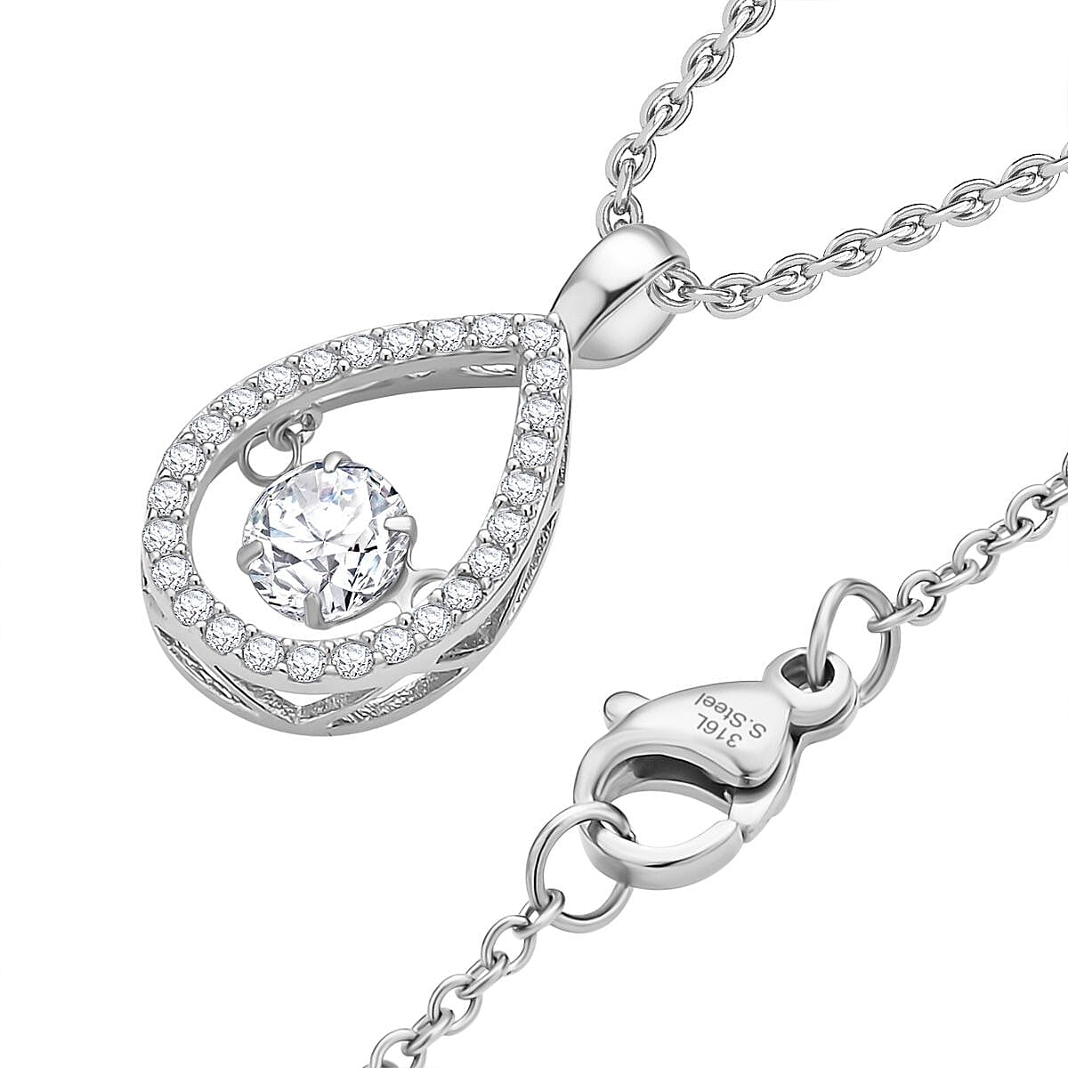 Simulated Diamond Rhodium Overlay Sterling Silver Pendant with Stainless Steel Chain (Size 20)
