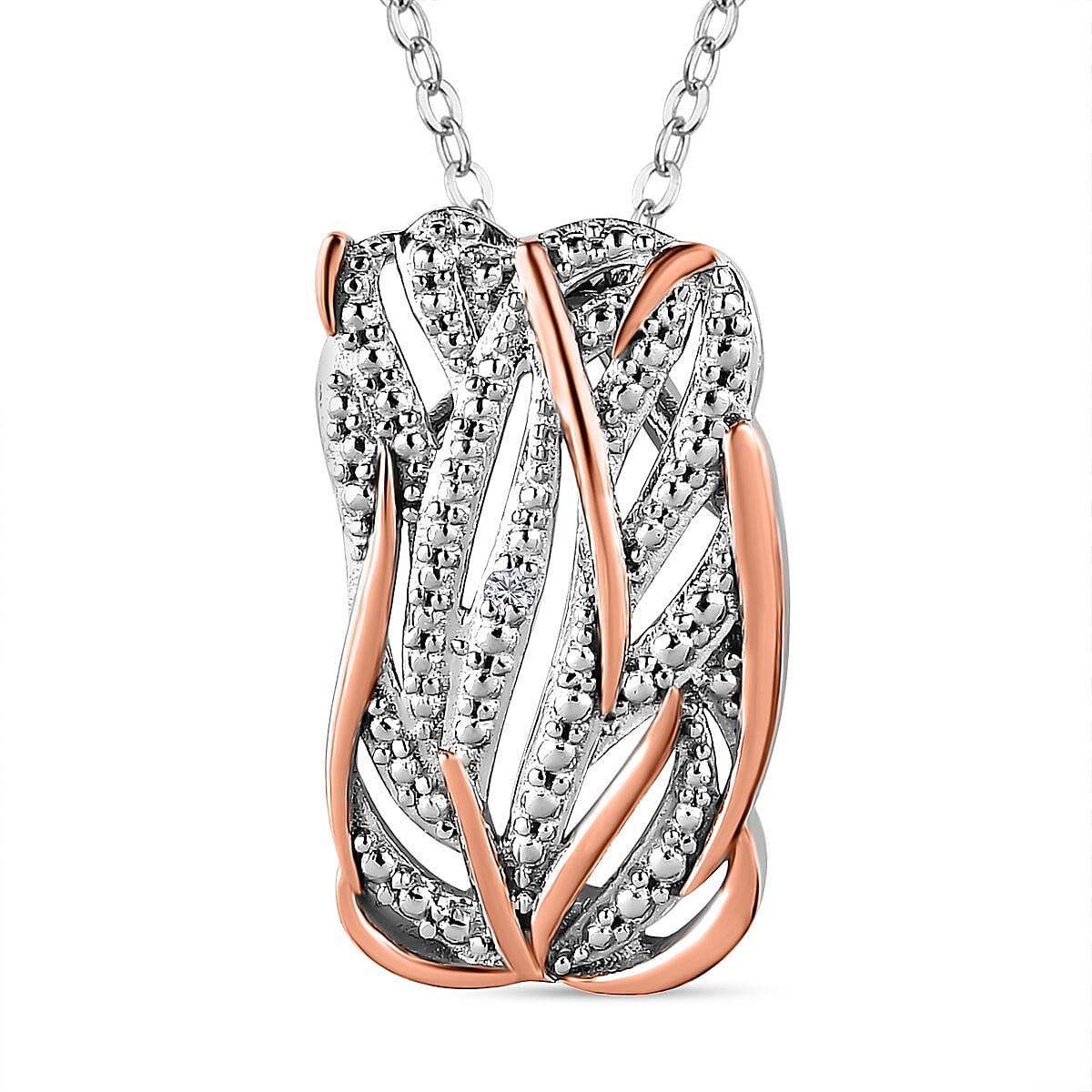Diamond Criss Cross Pendant with Chain (Size 20) in 18K Vermeil Rose Gold Plated and Platinum Overlay Sterling Silver