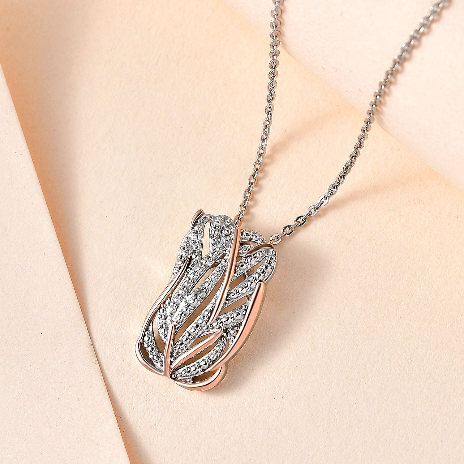 Diamond Criss Cross Pendant with Chain (Size 20) in 18K Vermeil Rose Gold Plated and Platinum Overlay Sterling Silver