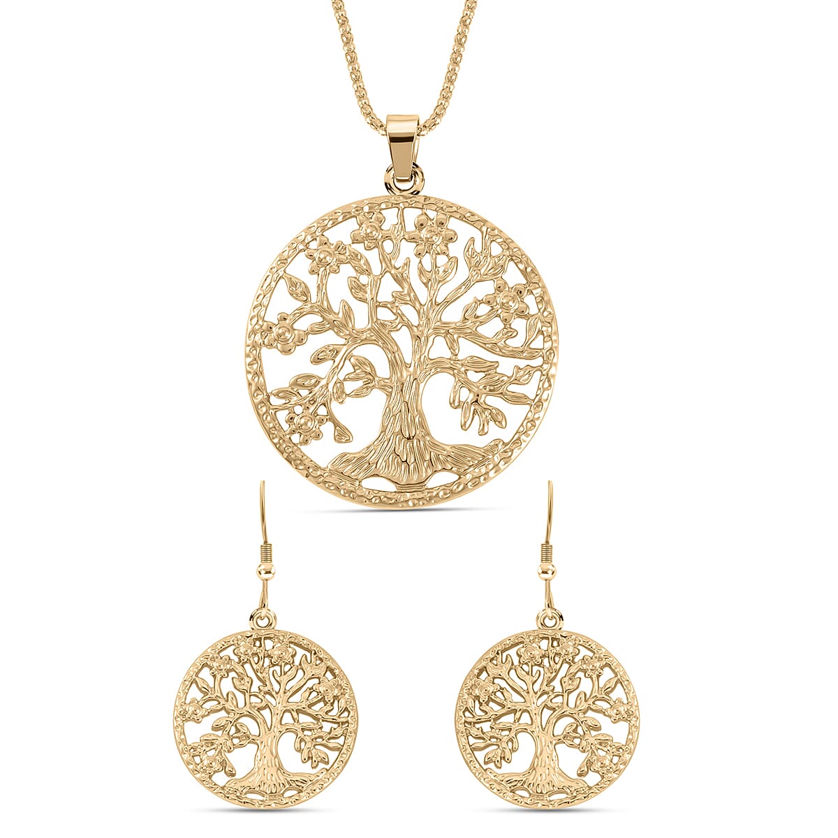 2 Piece Set- Gold Plated Tree of Life Earrings and Pendant with Chain (Size 28)