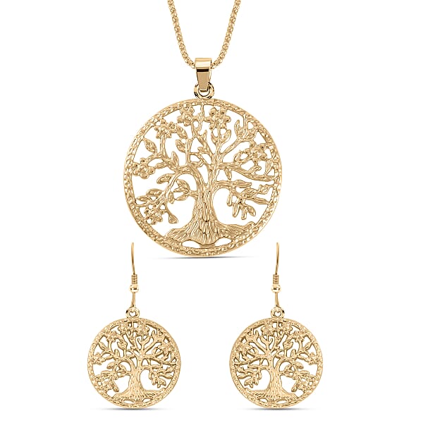 2 Piece Set- Gold Plated Tree of Life Earrings and Pendant with Chain ...