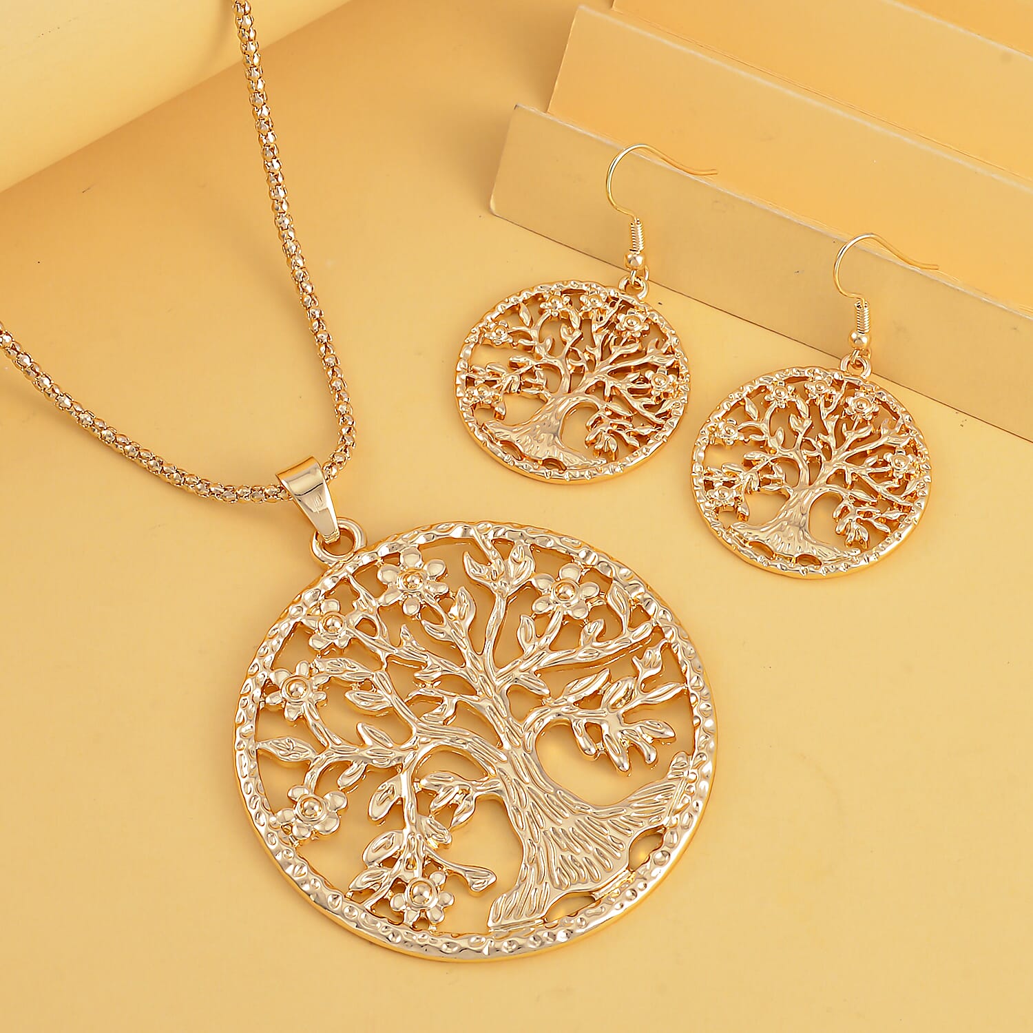 2 Piece Set- Gold Plated Tree of Life Earrings and Pendant with Chain (Size 28)