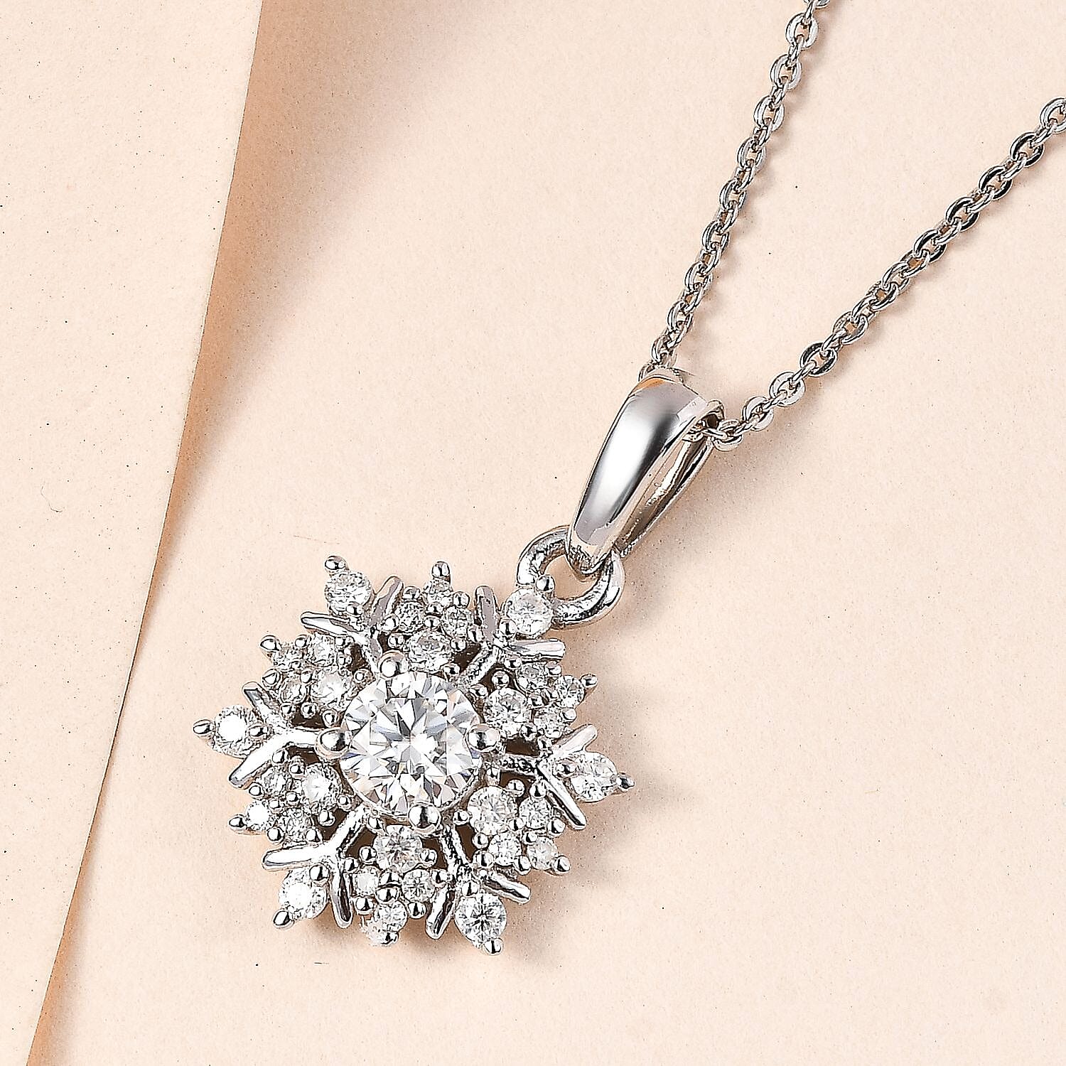 Moissanite Cluster Pendant with Chain (Size-20) in Platinum Overlay Sterling Silver