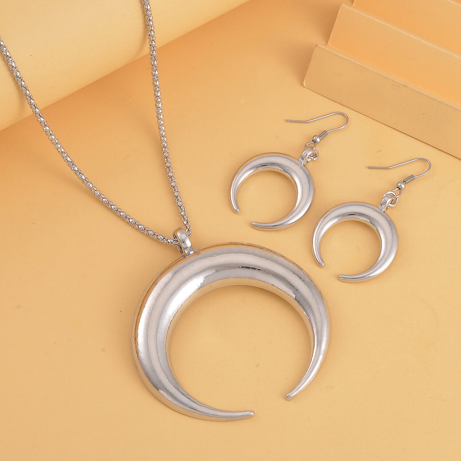 2 Piece Set - Crescent Horn Necklace (Size 28-2 Inch Ext.) and Hook Earrings in Silver Tone