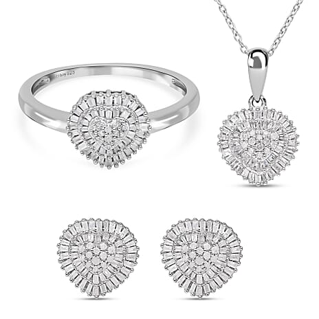 The Carat Club- 3 Piece Set - Diamond Ring, Earrings, Pendant with Chain (Size 20) in Platinum Overlay Sterling Silver 1.00 Ct, Silver Wt 6.11 GM