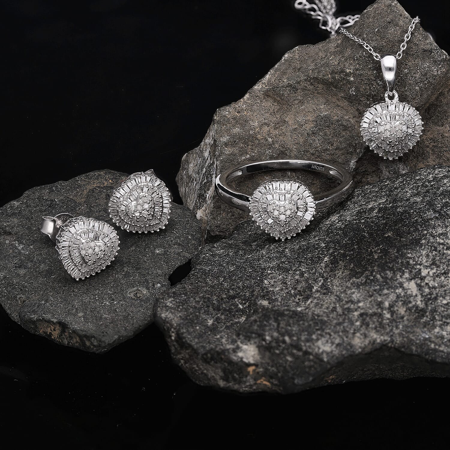 The Carat Club- 3 Piece Set - Diamond Ring, Earrings, Pendant with Chain (Size 20) in Platinum Overlay Sterling Silver 1.00 Ct