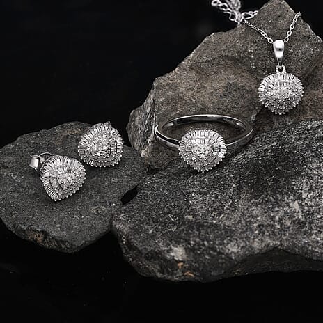 The Carat Club- 3 Piece Set - Diamond Ring, Earrings, Pendant with Chain (Size 20) in Platinum Overlay Sterling Silver 1.00 Ct, Silver Wt 6.11 GM