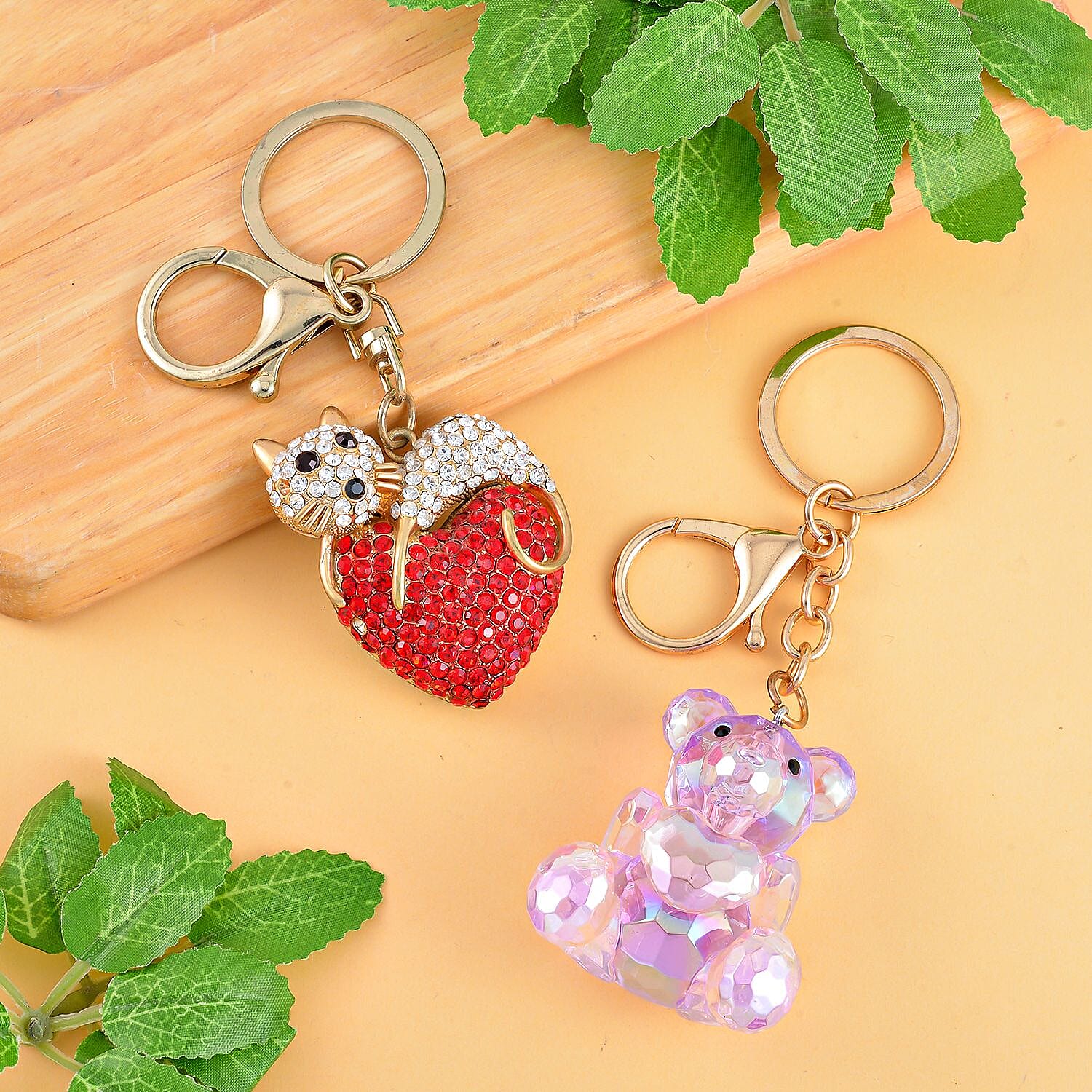 Set of 2 - Black and Multi Colour Austrian Crystal Keychain in Yellow Gold Tone