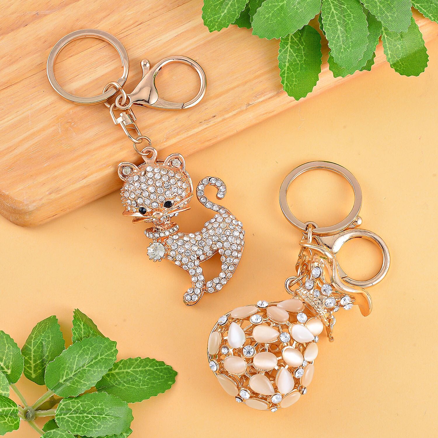 Set of 2 - Created White Cats Eye, Black & White Austrian Crystal Vas & Cat Keychain In Yellow Gold Tone