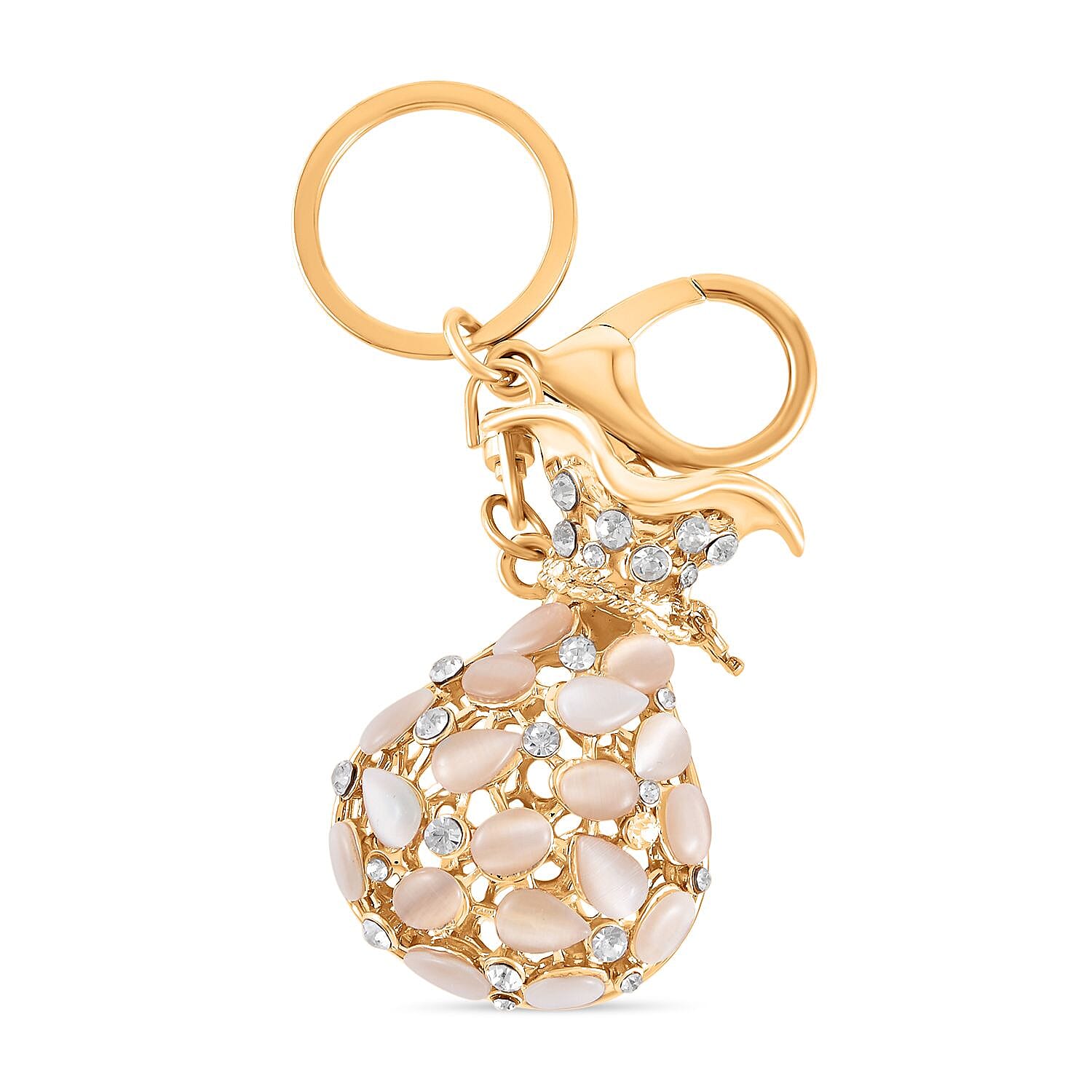 Set of 2 - Created White Cats Eye, Black & White Austrian Crystal Vas & Cat Keychain In Yellow Gold Tone