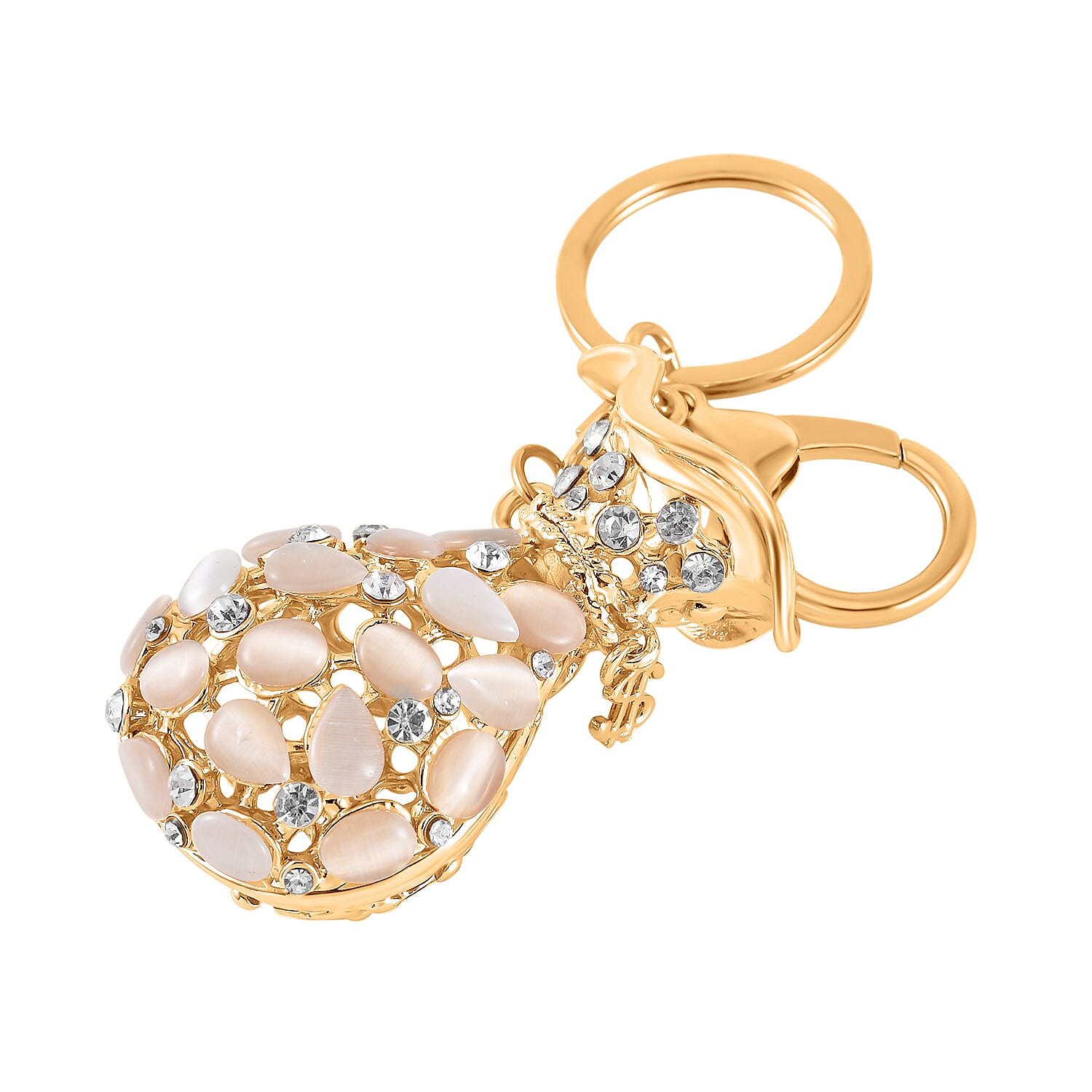 Set of 2 - Created White Cats Eye, Black & White Austrian Crystal Vas & Cat Keychain In Yellow Gold Tone