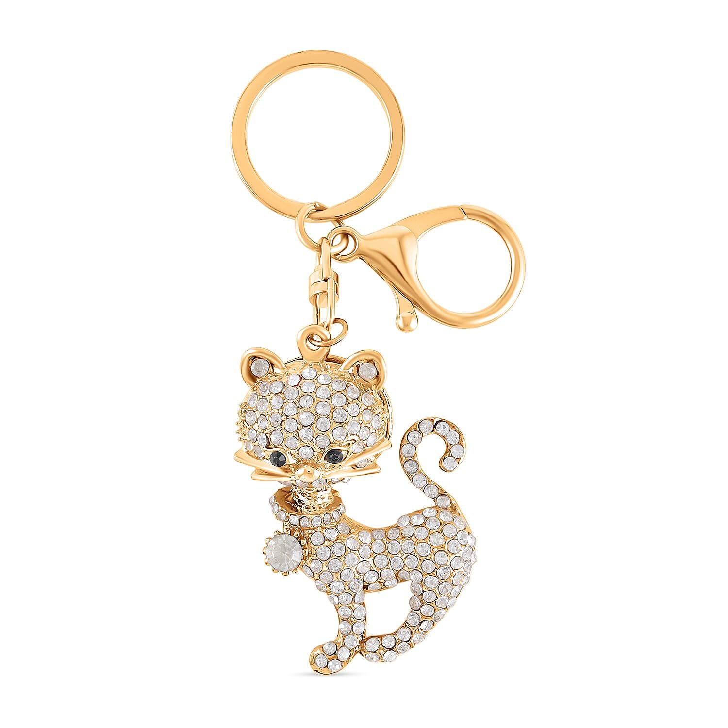 Set of 2 - Created White Cats Eye, Black & White Austrian Crystal Vas & Cat Keychain In Yellow Gold Tone