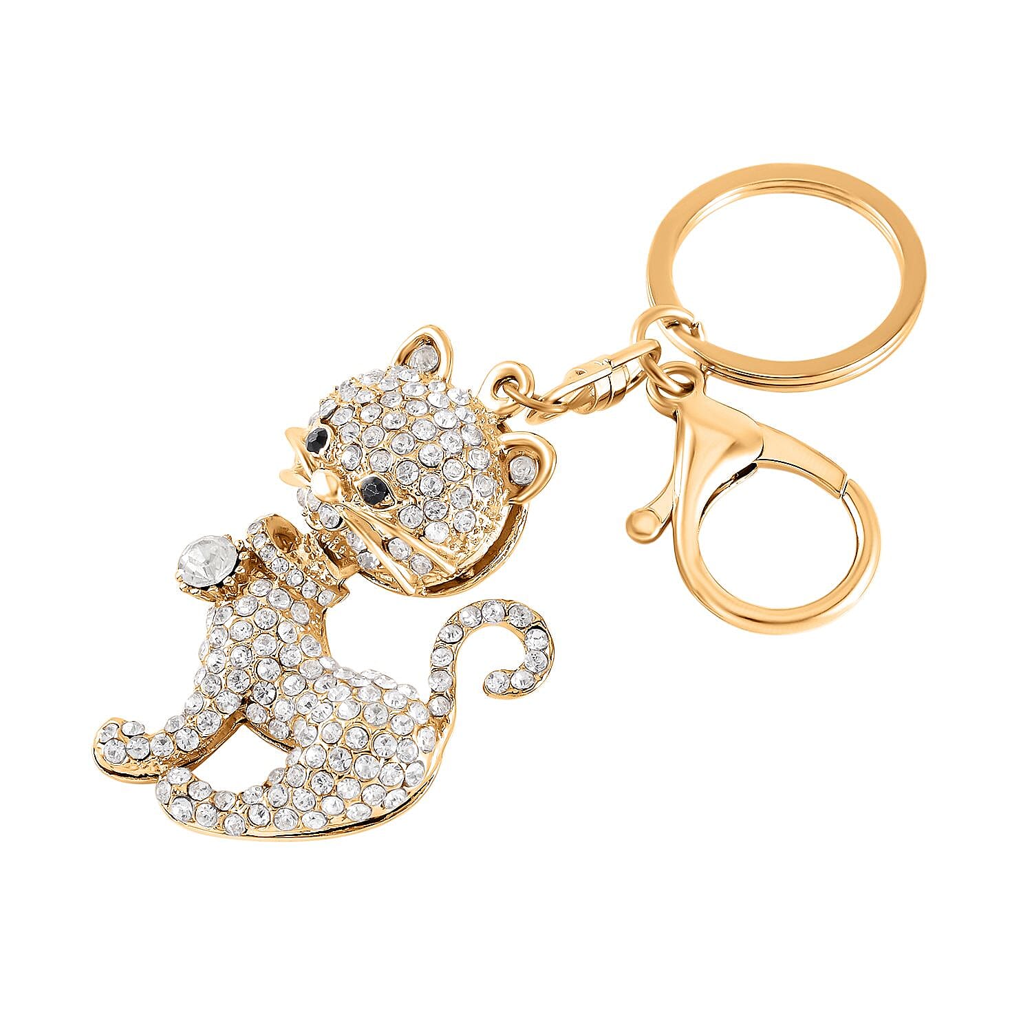 Set of 2 - Created White Cats Eye, Black & White Austrian Crystal Vas & Cat Keychain In Yellow Gold Tone