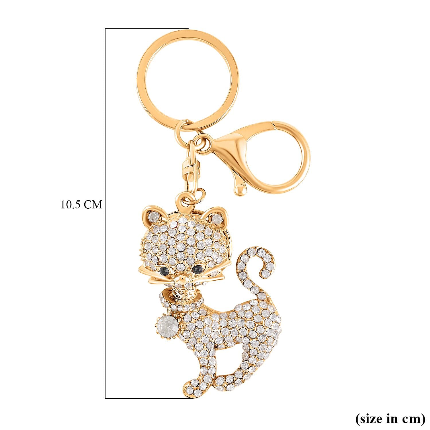 Set of 2 - Created White Cats Eye, Black & White Austrian Crystal Vas & Cat Keychain In Yellow Gold Tone