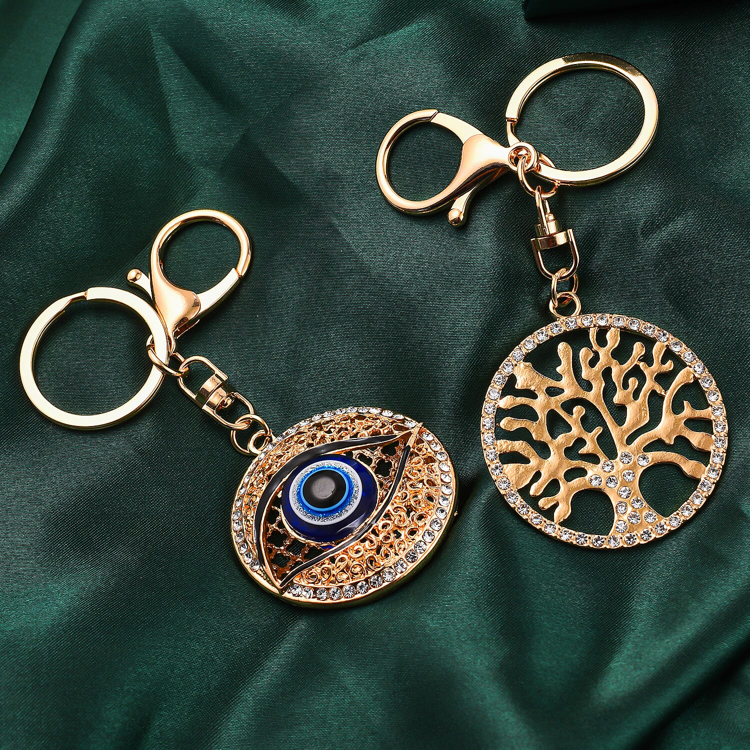 Set of 2 - Neon Green & White Austrian Crystal Evil Eye & Life Tree Keychain In Yellow Gold Tone
