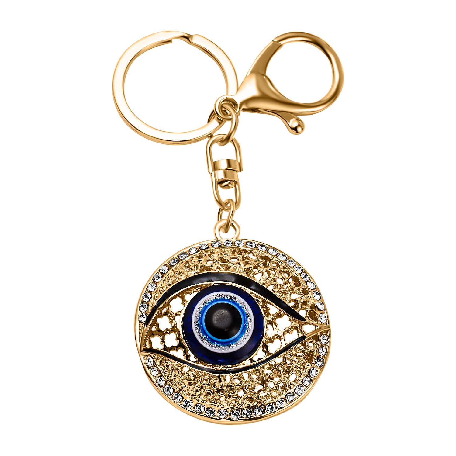 Set of 2 - Neon Green & White Austrian Crystal Evil Eye & Life Tree Keychain In Yellow Gold Tone