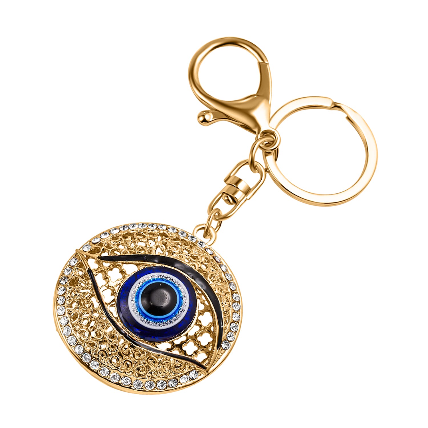 Set of 2 - Neon Green & White Austrian Crystal Evil Eye & Life Tree Keychain In Yellow Gold Tone