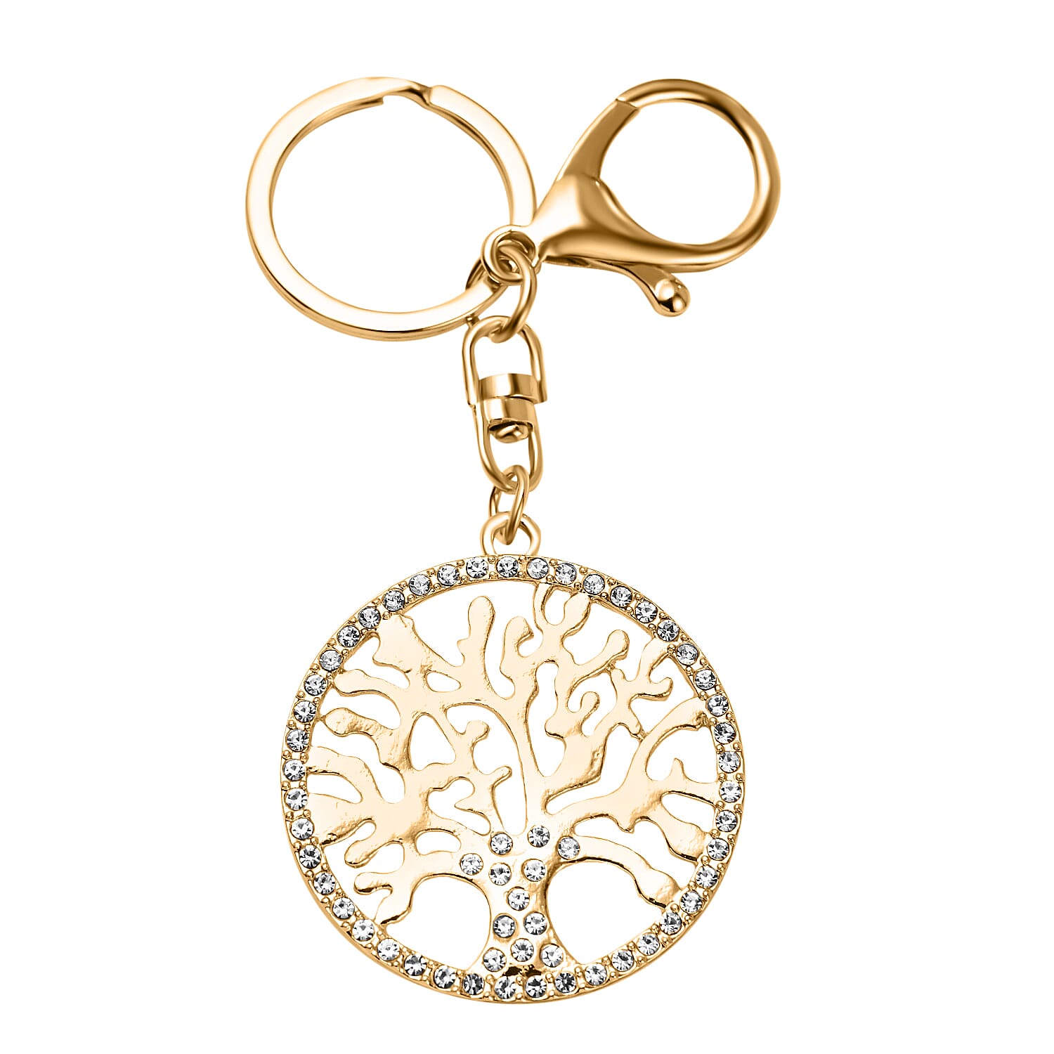 Set of 2 - Neon Green & White Austrian Crystal Evil Eye & Life Tree Keychain In Yellow Gold Tone
