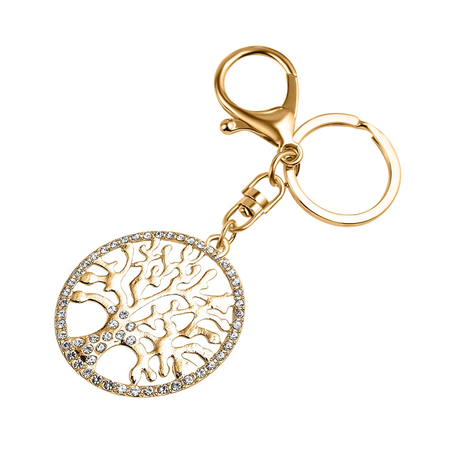 Set of 2 - Neon Green & White Austrian Crystal Evil Eye & Life Tree Keychain In Yellow Gold Tone