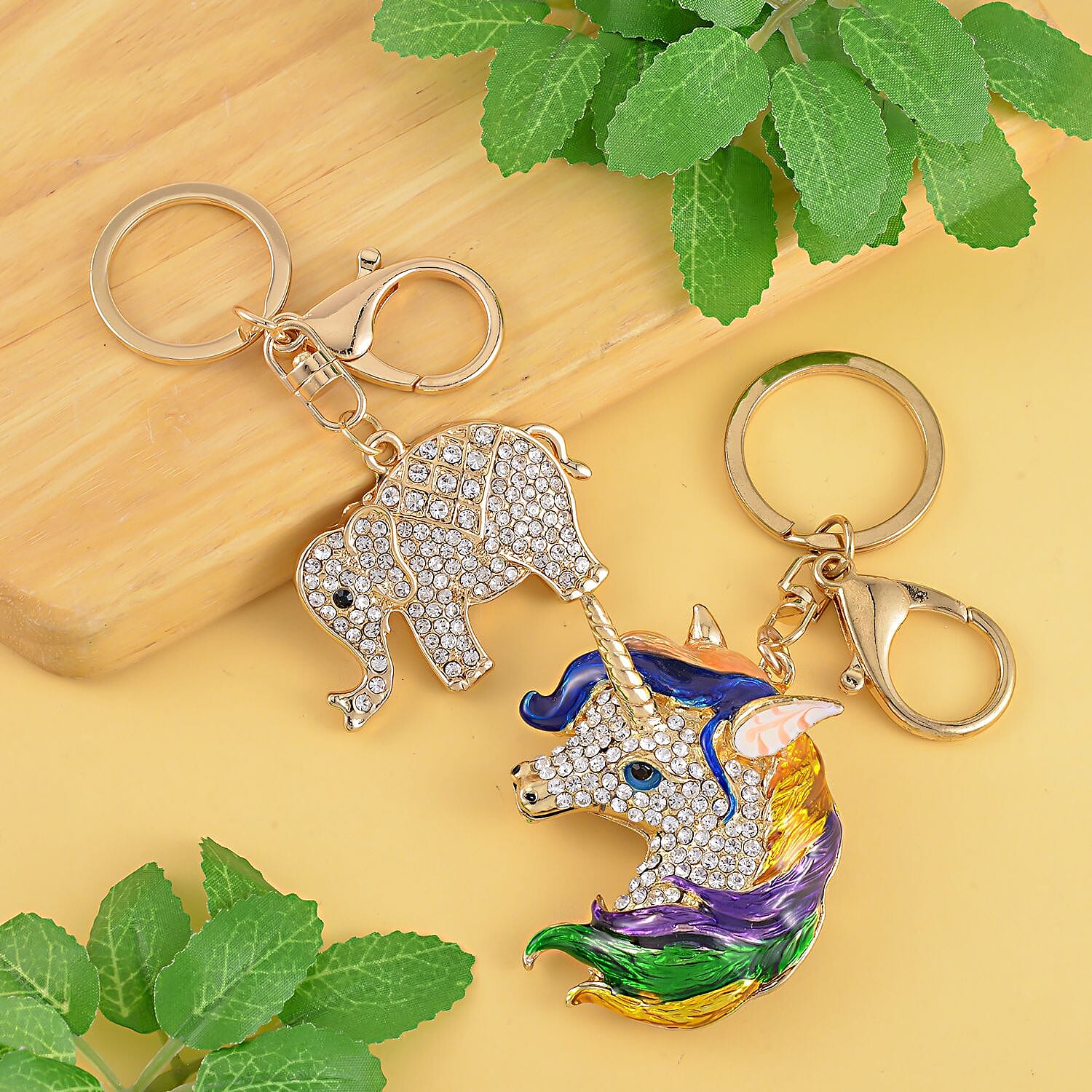 Set of 2 - Black & White Austrian Crystal Elephant & Unicorn Keychain in Yellow Gold Tone