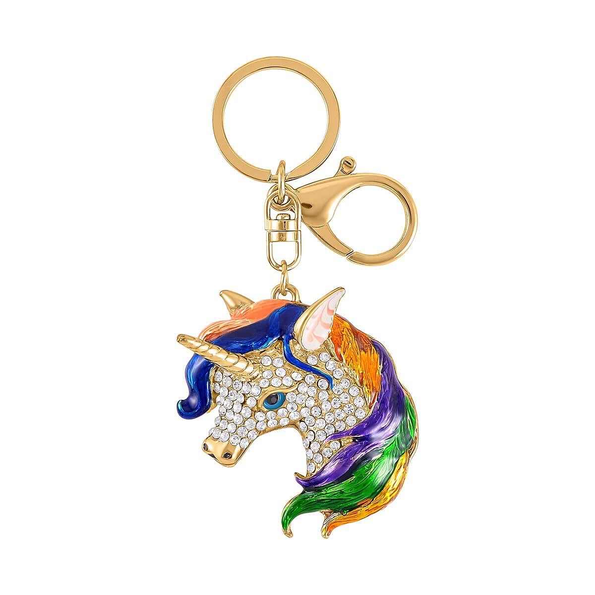 Set of 2 - Black & White Austrian Crystal Elephant & Unicorn Keychain in Yellow Gold Tone
