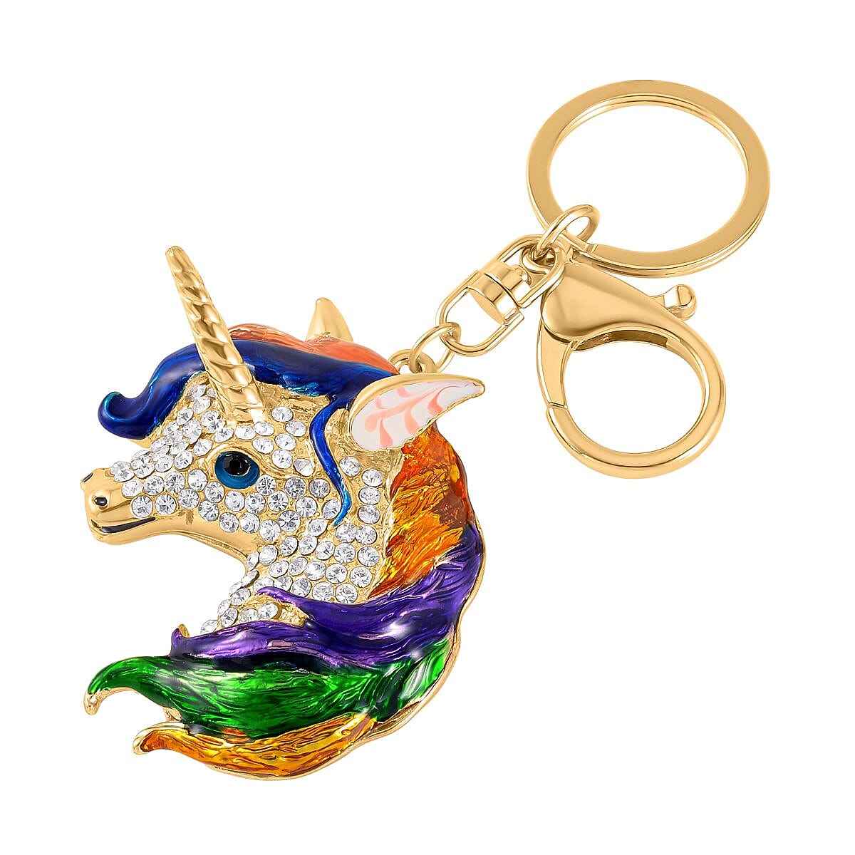 Set of 2 - Black & White Austrian Crystal Elephant & Unicorn Keychain in Yellow Gold Tone