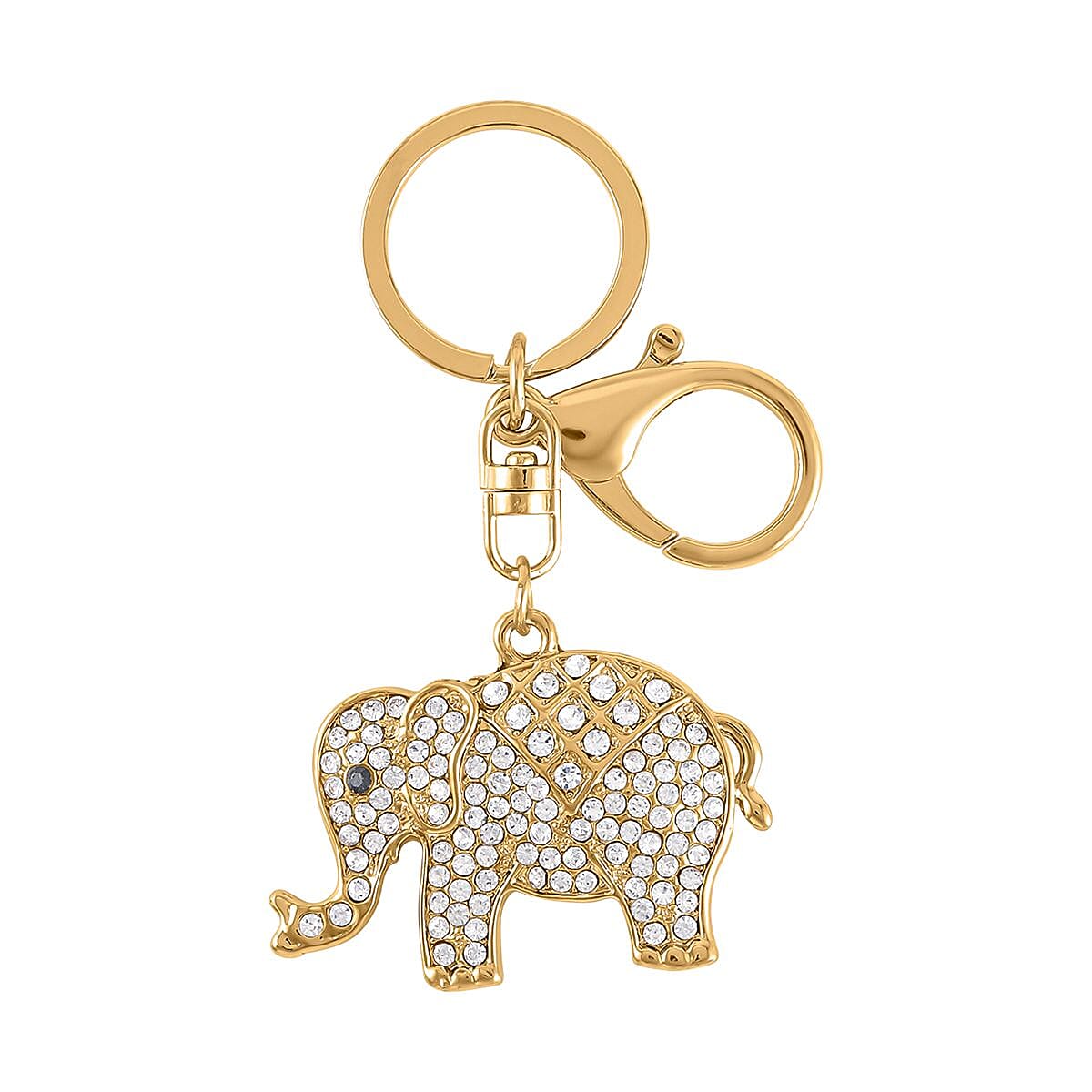 Set of 2 - Black & White Austrian Crystal Elephant & Unicorn Keychain in Yellow Gold Tone