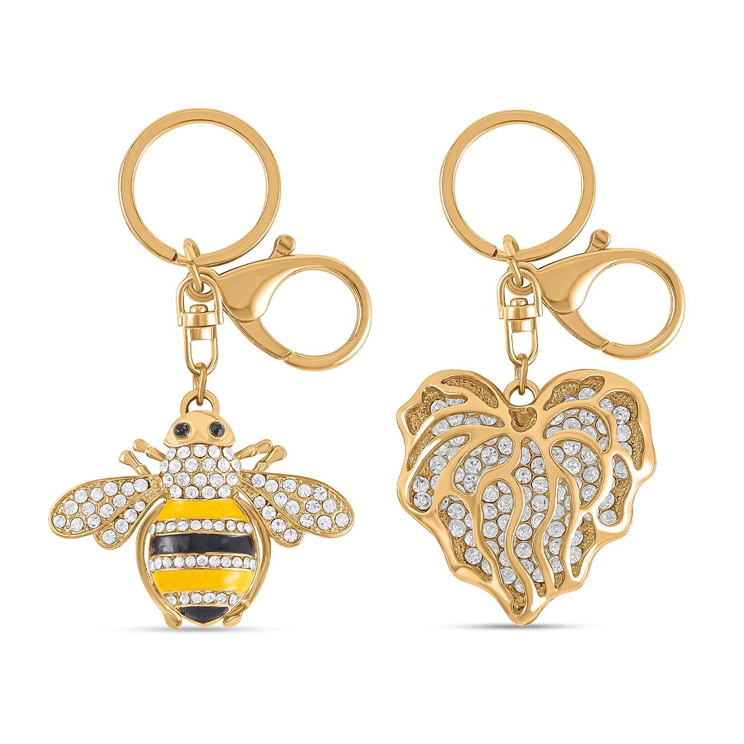 Set of 2 - White & Black Austrian Crystal Vine Leaf & Honey Bee Keychain in Yellow Gold Tone