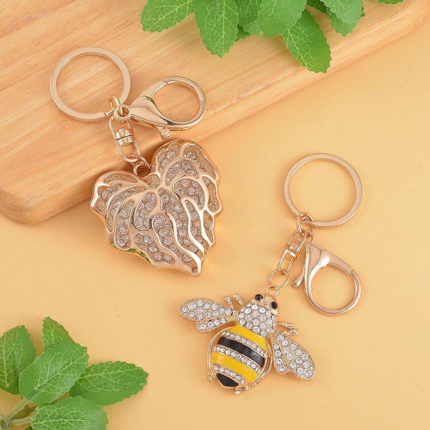 Set of 2 - White & Black Austrian Crystal Vine Leaf & Honey Bee Keychain in Yellow Gold Tone