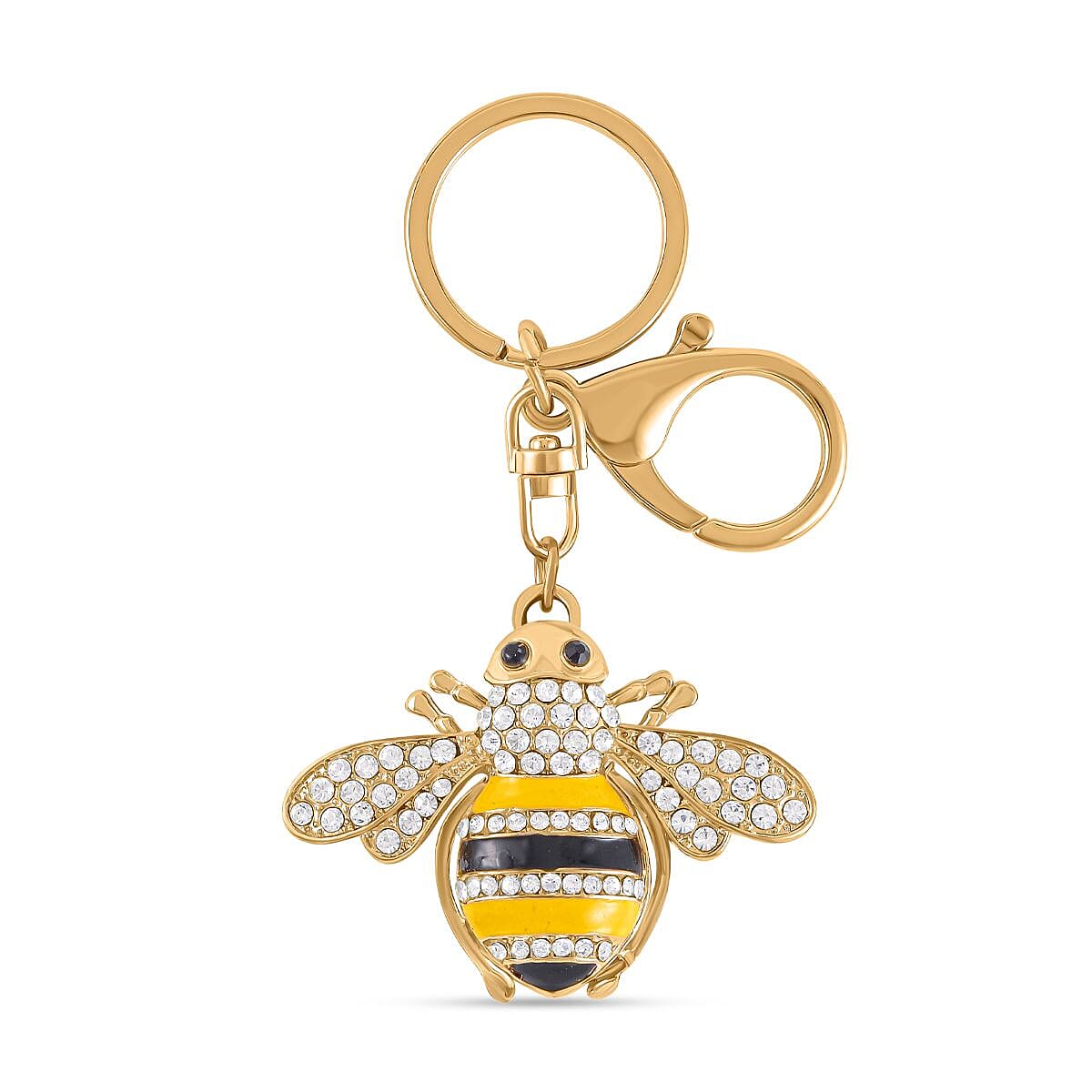Set of 2 - White & Black Austrian Crystal Vine Leaf & Honey Bee Keychain in Yellow Gold Tone