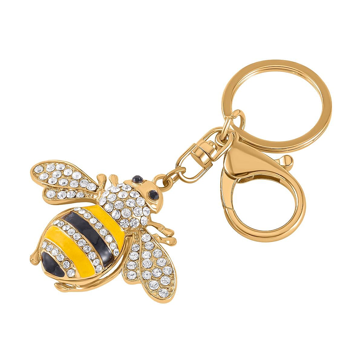 Set of 2 - White & Black Austrian Crystal Vine Leaf & Honey Bee Keychain in Yellow Gold Tone
