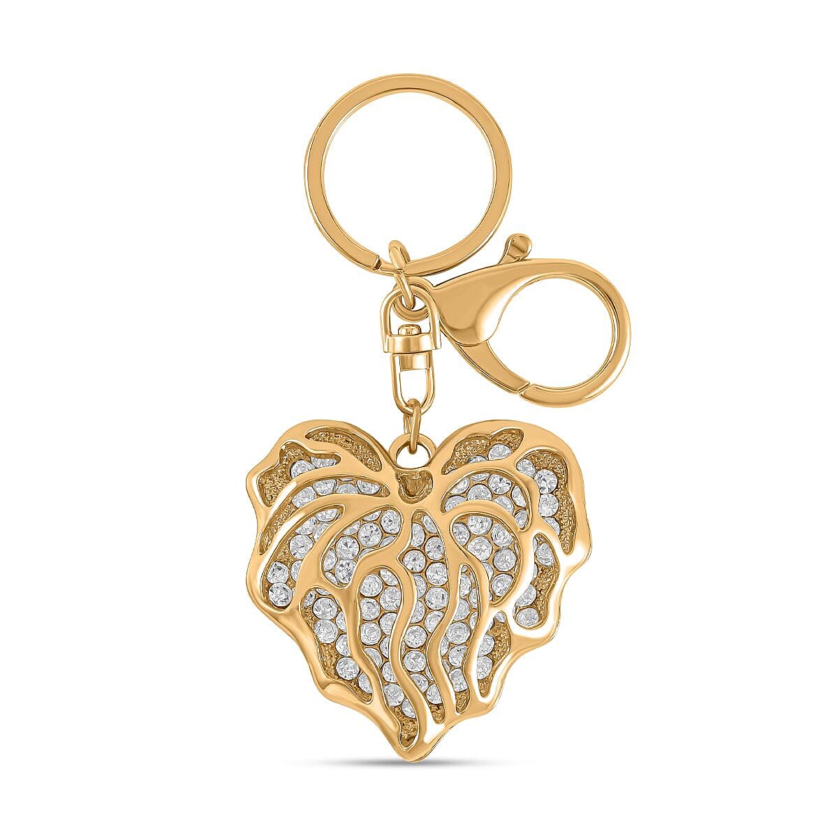 Set of 2 - White & Black Austrian Crystal Vine Leaf & Honey Bee Keychain in Yellow Gold Tone