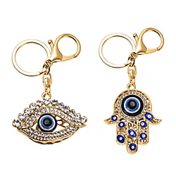 Set of 2 - White Austrian Crystal Evil Eye Keychain in Yellow Gold Tone