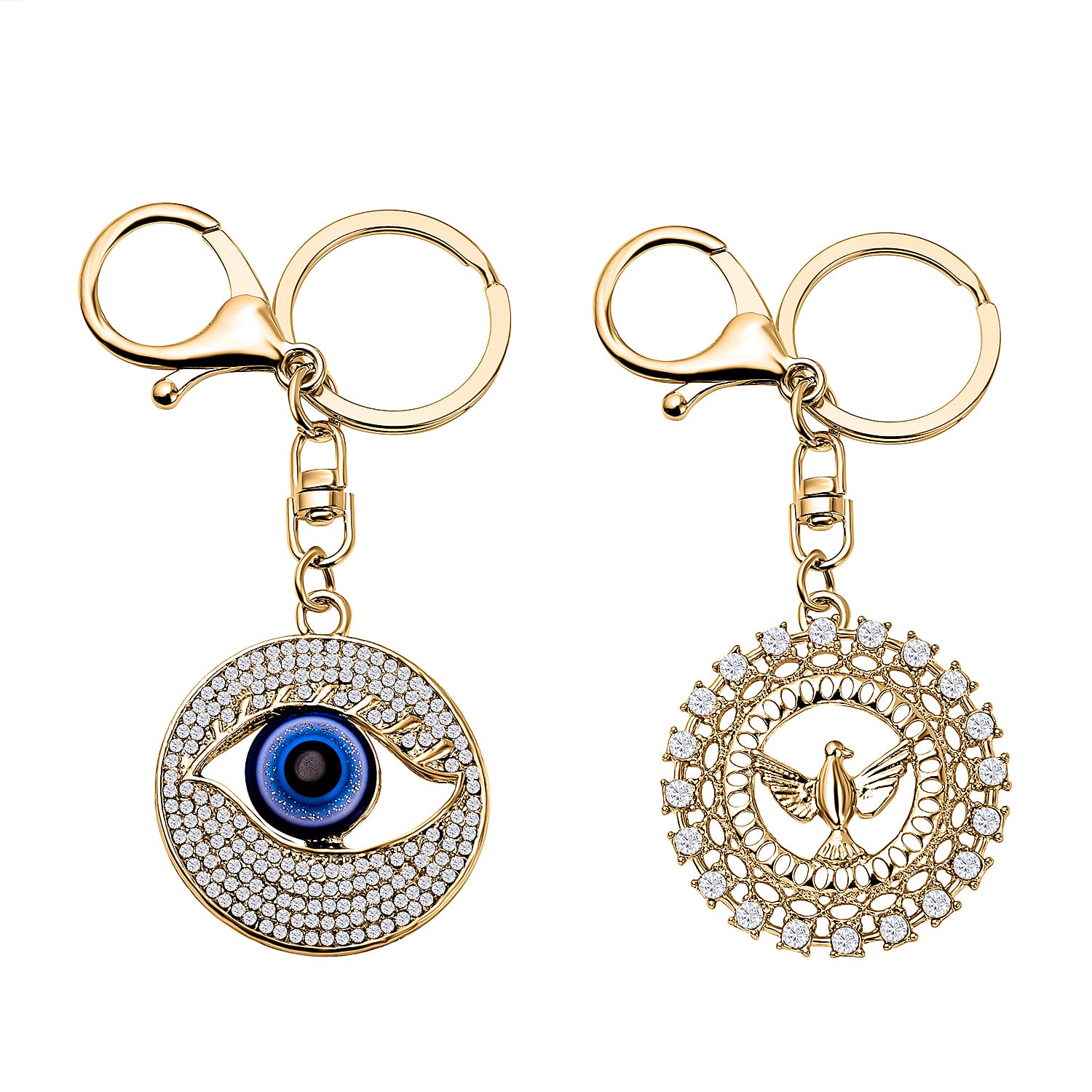 Set of 2 - White Austrian Crystal Evil Eye & Bird Keychain in Yellow Gold Tone