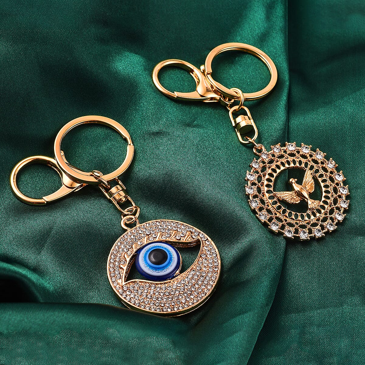 Set of 2 - White Austrian Crystal Evil Eye & Bird Keychain in Yellow Gold Tone
