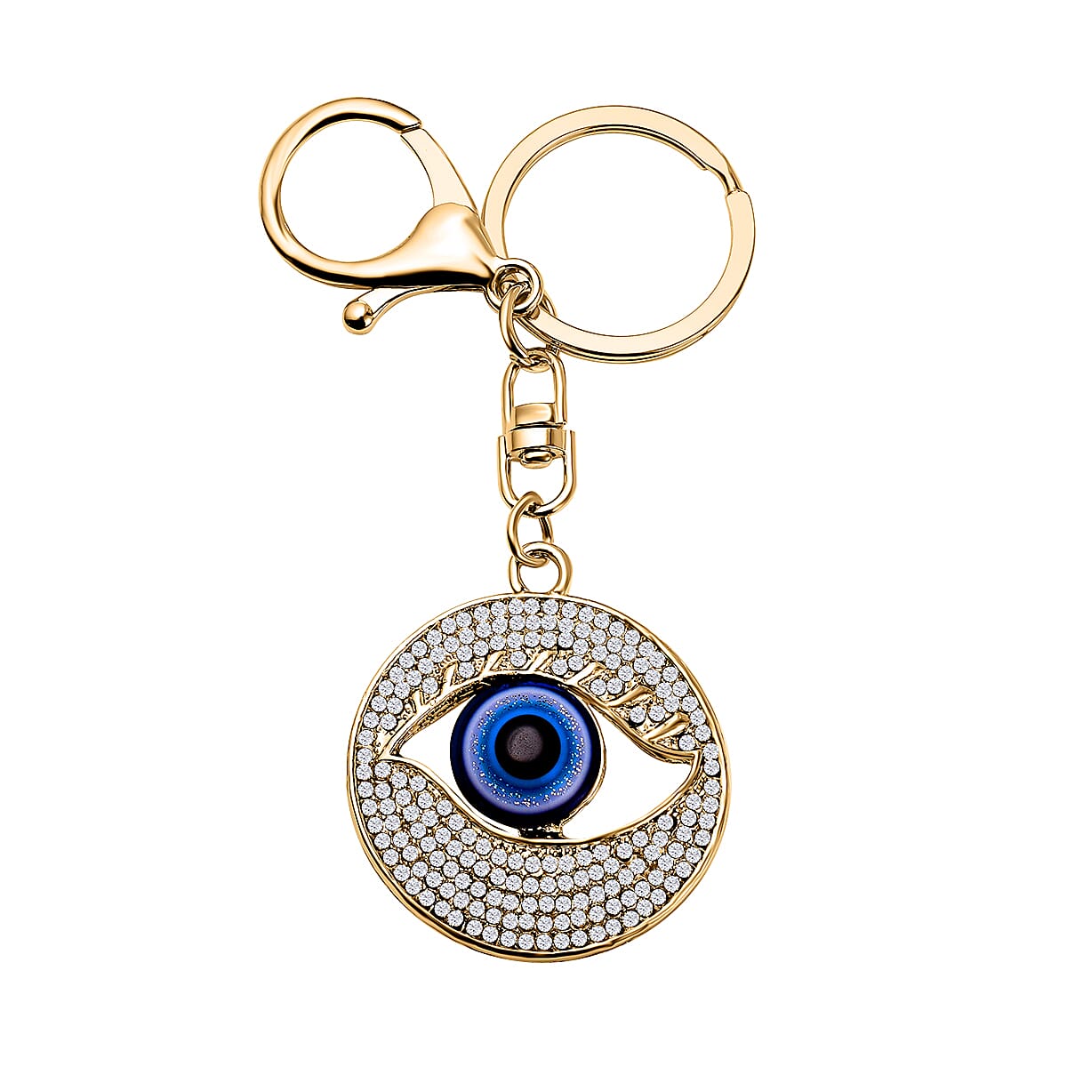 Set of 2 - White Austrian Crystal Evil Eye & Bird Keychain in Yellow Gold Tone