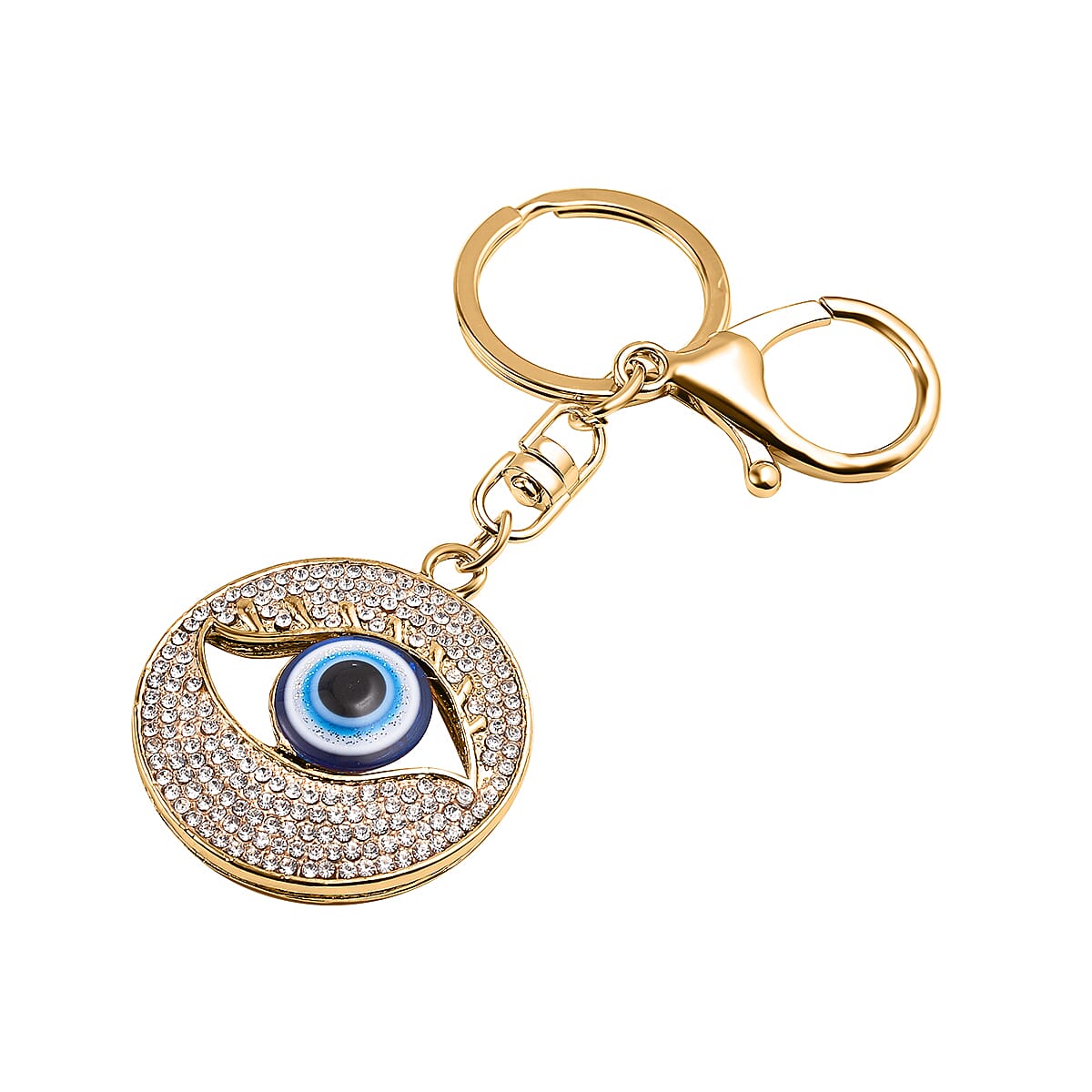 Set of 2 - White Austrian Crystal Evil Eye & Bird Keychain in Yellow Gold Tone