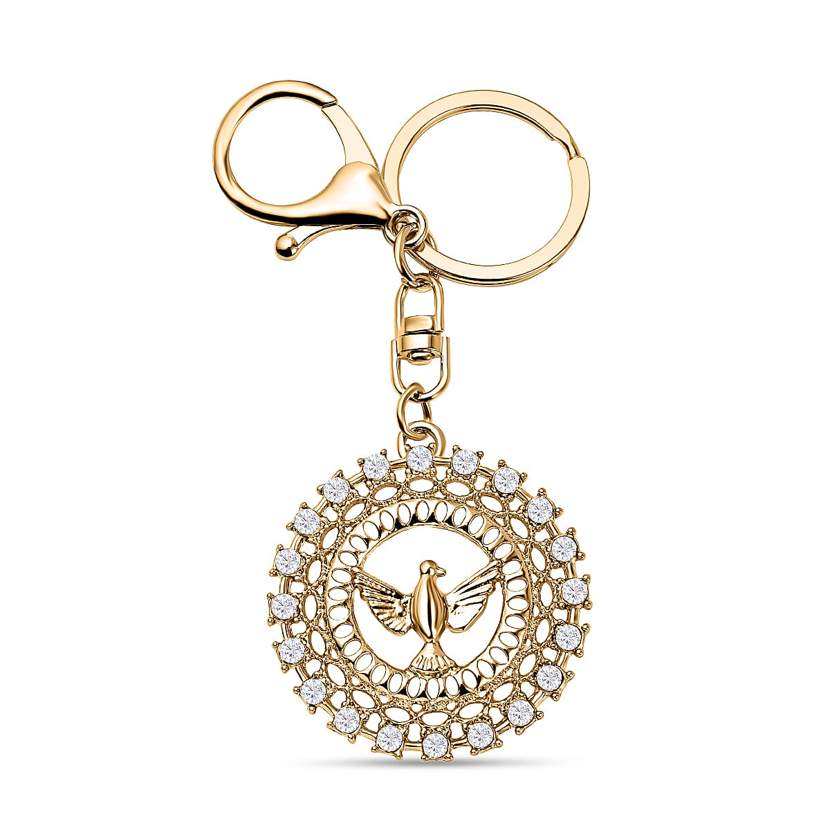 Set of 2 - White Austrian Crystal Evil Eye & Bird Keychain in Yellow Gold Tone