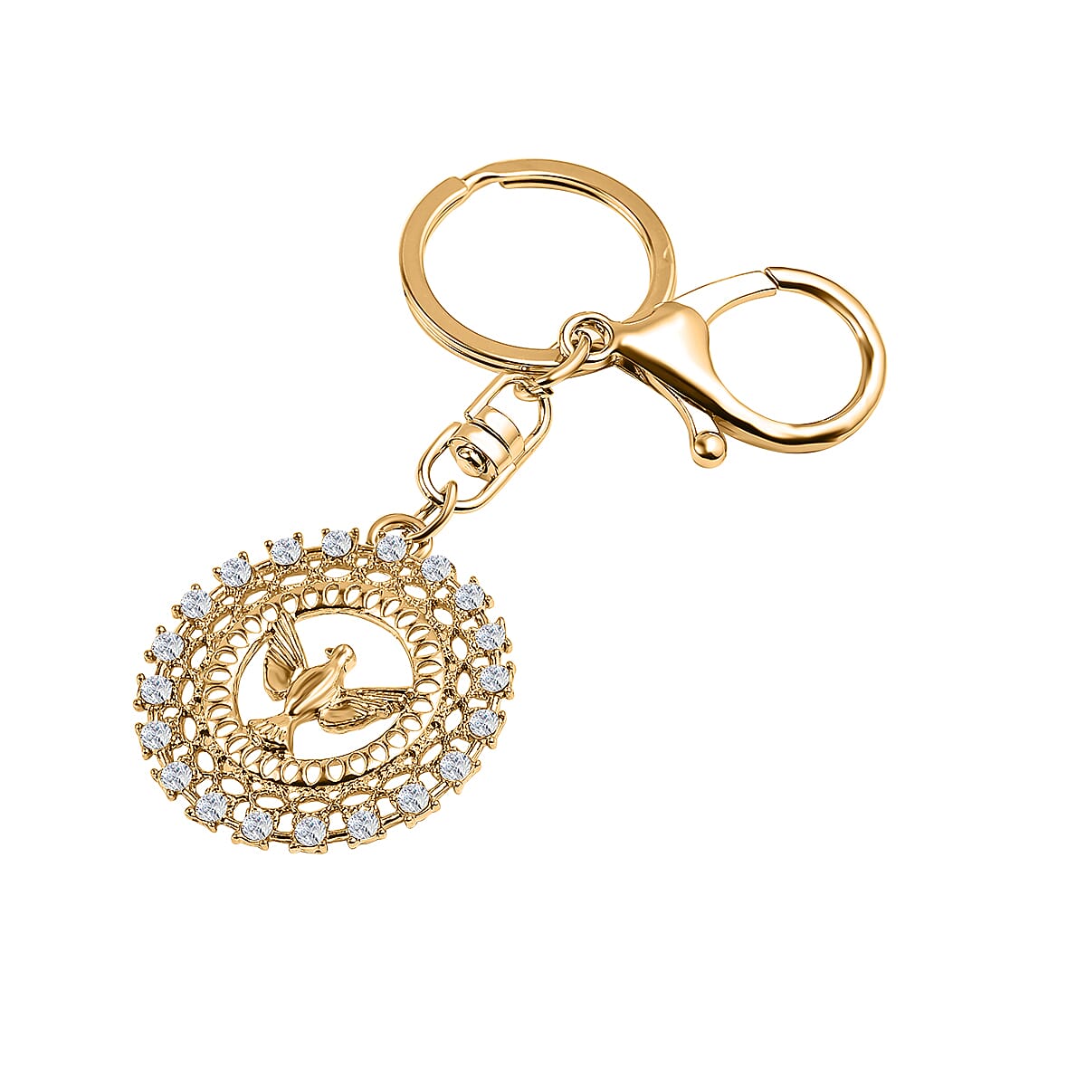 Set of 2 - White Austrian Crystal Evil Eye & Bird Keychain in Yellow Gold Tone