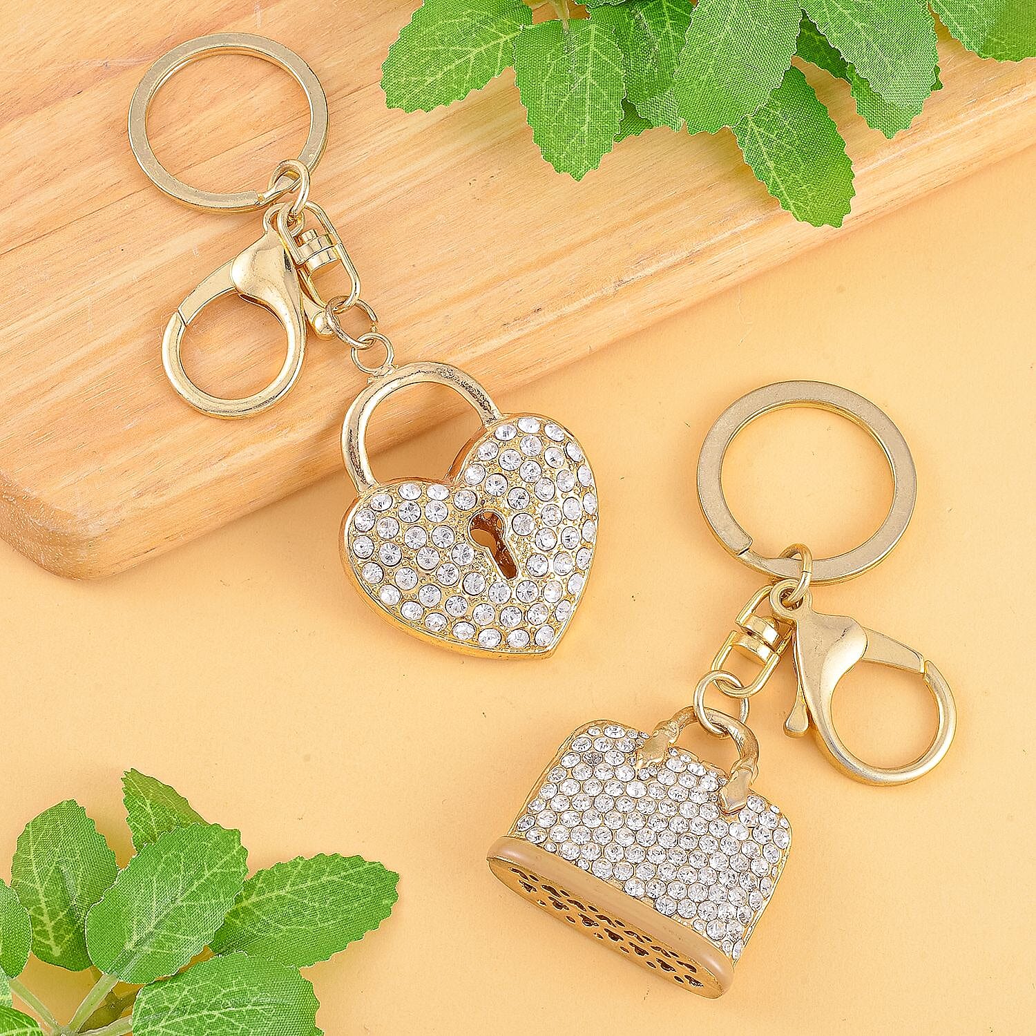 Set of 2 - White Austrian Crystal Evil Eye & Bird Keychain in Yellow Gold Tone