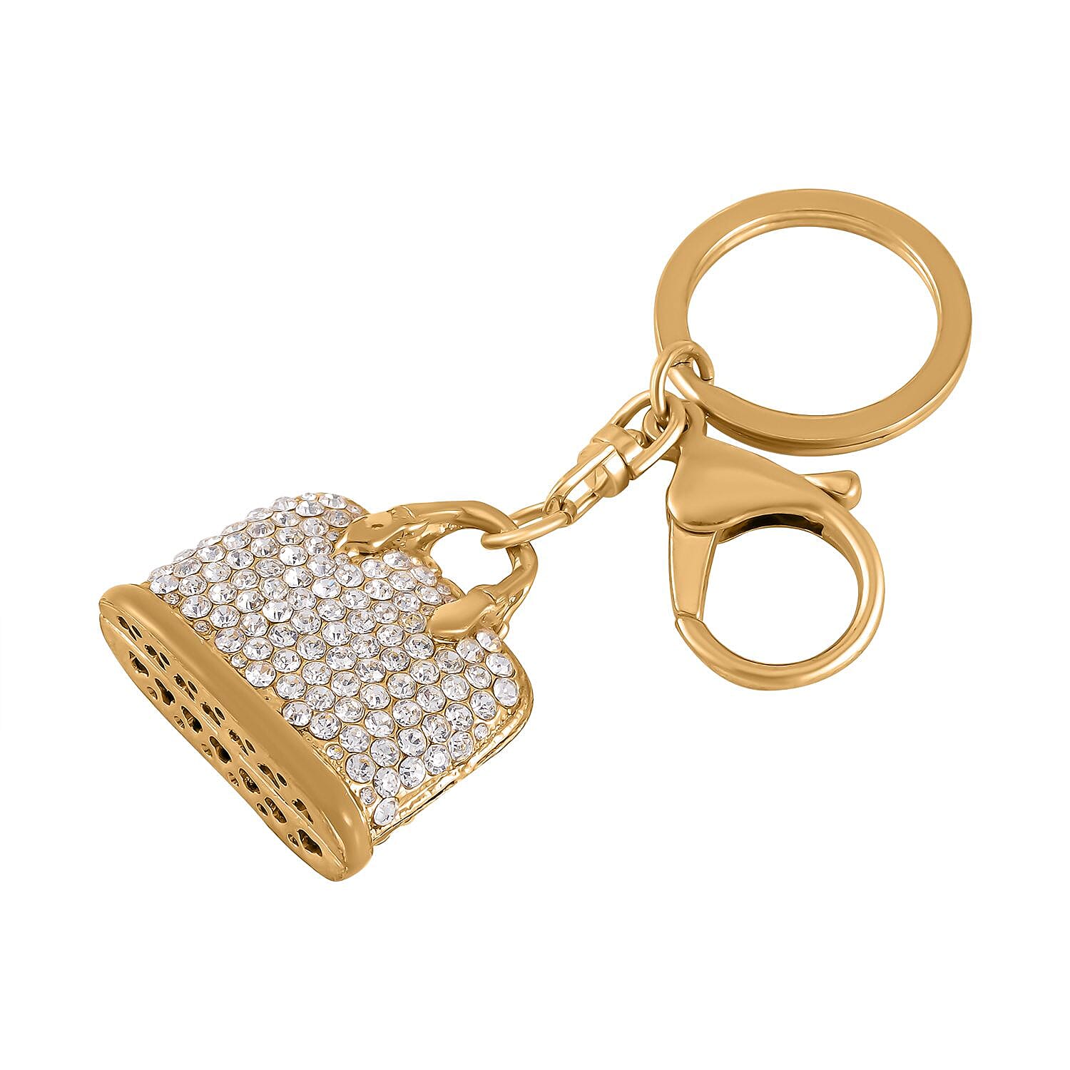 Set of 2 - White Austrian Crystal Evil Eye & Bird Keychain in Yellow Gold Tone