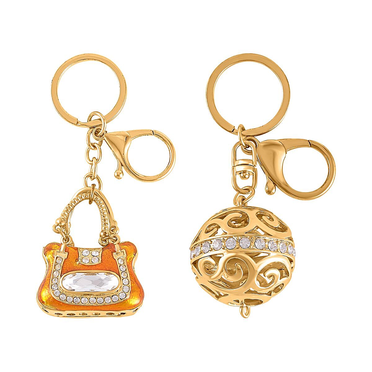 Set of 2 - White Austrian Crystal Playful Keychain in Yellow Gold Tone