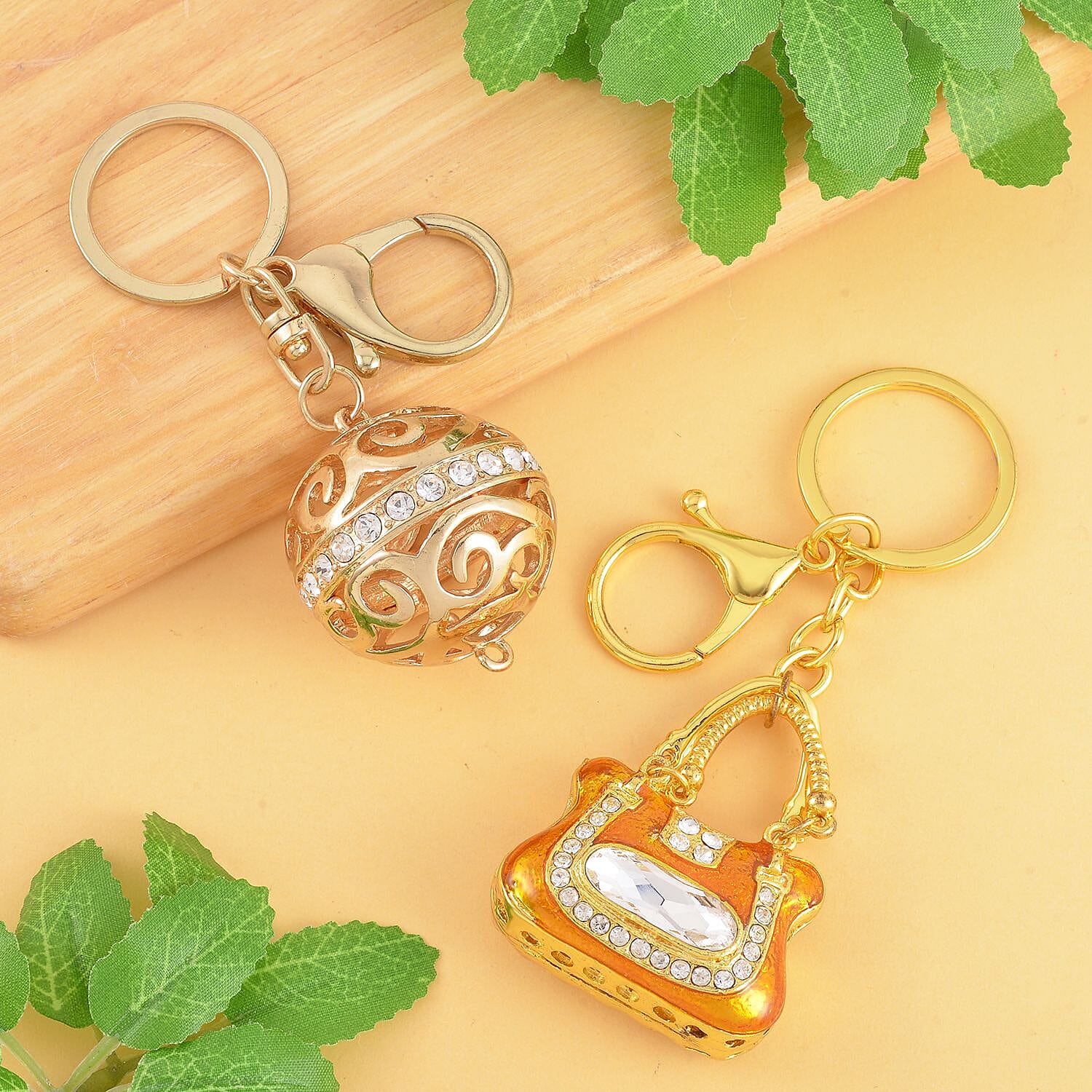 Set of 2 - White Austrian Crystal Playful Keychain in Yellow Gold Tone