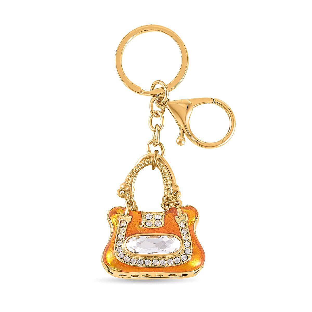 Set of 2 - White Austrian Crystal Playful Keychain in Yellow Gold Tone