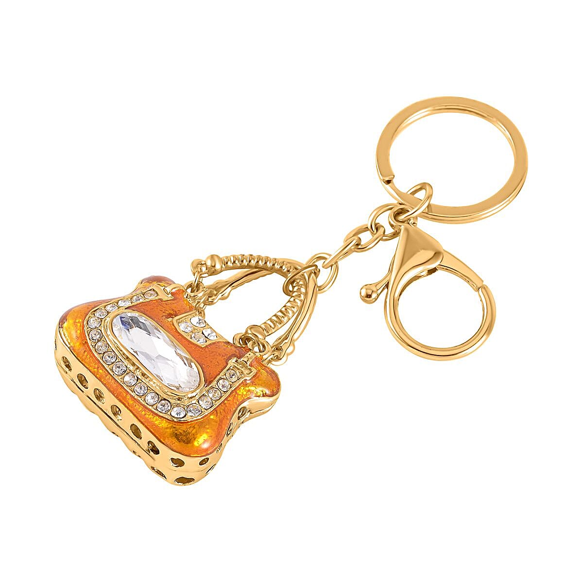 Set of 2 - White Austrian Crystal Playful Keychain in Yellow Gold Tone